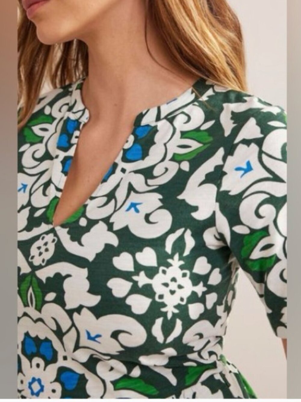 Boden Easy Notch Neck Jersey Dress 100% Cotton, Green and White, 8 - Picture 3 of 15